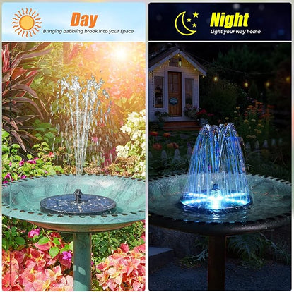 Solar Bird Bath Fountains Upgraded, 4W Solar Powered Water Fountain Pump with 4000 Battery, 7 Nozzles & 4 Fixers, Colorful LED Lights for Garden, Pond, Swimming Pool, Fish Tank, and Outdoor