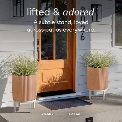Veradek Demi Series Round Planter w/Stand for Porch/Patio | Durable Plastic-Stone Composite & Wooden Stand | Modern Décor for Tall Plants, Flowers