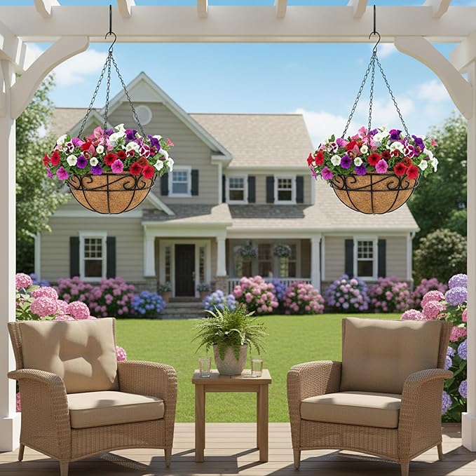 EIMQUVW Outdoor Metal Hanging Planters Basket (4pack, 10 inch) Hanging Baskets for Plants Chain Round Wire Plant Holder with Coco Fiber Liners for Garden, Patio, Deck, Porch(Flower Border)