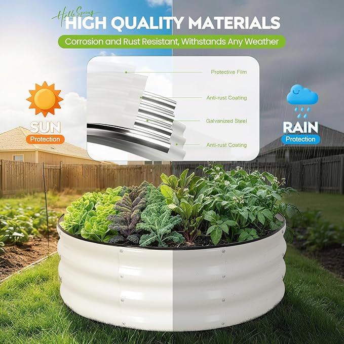 Galvanized Raised Garden Bed Outdoor, Round Metal Planter Boxes 2 Pcs, 3x3x1ft Steel Raised Bed Kit for Planting Vegetables, Fruits, Flowers(White)