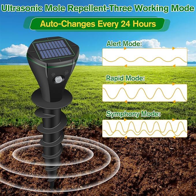 Mole Repellent Solar Powered, 4 Pack Ultrasonic Gopher Repeller IP65 Waterproof for Lawn Garden Yard, Sonic Vole Repellent Mole Killer Outdoor Get Rid of Snake Groundhog Chipmunk Squirrels-Black