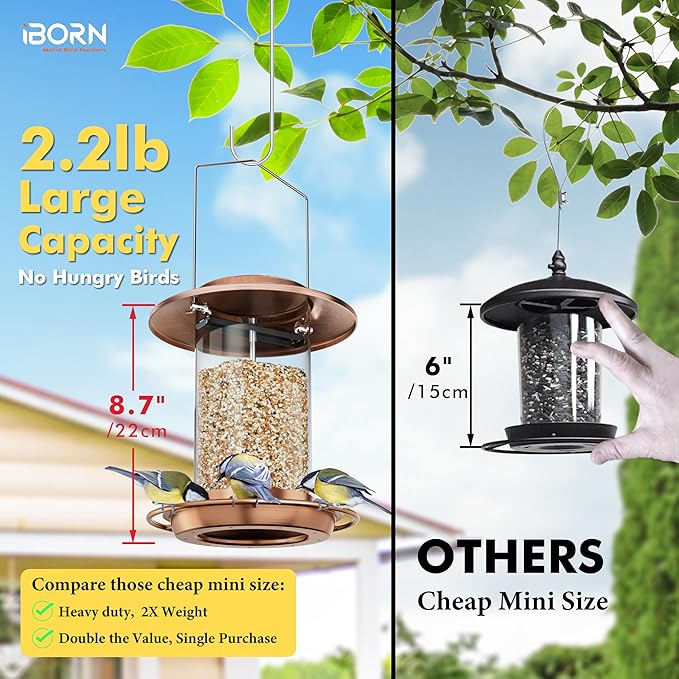 iBorn Metal Bird Feeders for Outdoors, Brushed Copper, 6 Port, 2.2LB | For Cardinal, Chew Proof, 18cm Large Roof & Tray, Hanging
