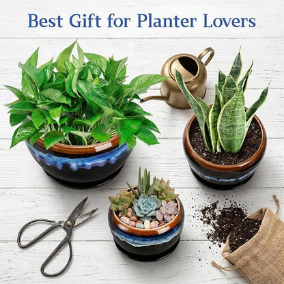AVLA 3 Pack Ceramic Flower Pots, Gardening Drip Glazed Planter, Plant Pot with Drainage Hole and Saucer, 7/5/4 Inch Rustic Houseplant Container for Succulent Herbs Cactus Orchid, Home Indoor Outdoor