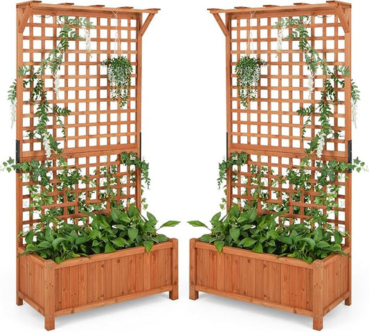 HAPPYGRILL Raised Garden Bed with Trellis, 72.5" Planter Raised Bed with Drainage Holes, Freestanding Garden Box for Vine Climbing Plants, Wooden Planter Box for Yard Balcony (2, Orange)