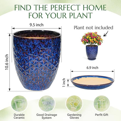 9.5 Inch Flower Pots for Indoor Plants,Ceramic Planter with Saucer Drainage Leak-Proof Mesh Gardening Gloves (Peacock-Blue)