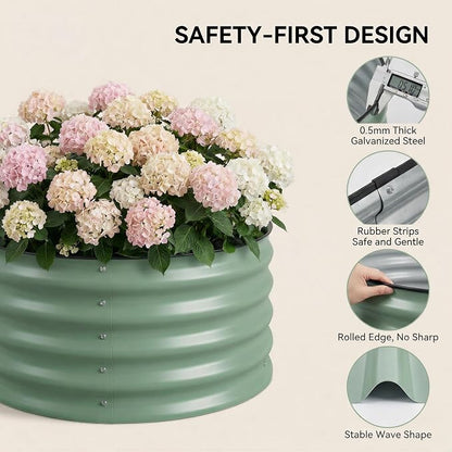 SPONVATT 3Pcs Round Galvanized Raised Garden Bed Kit 24 x 12 Inch Metal Planter Box Outdoor with Safety Rubber Edge Trim Rust Proof Weather Resistant Circular Steel Garden Beds Sage Green 12 Inch Deep