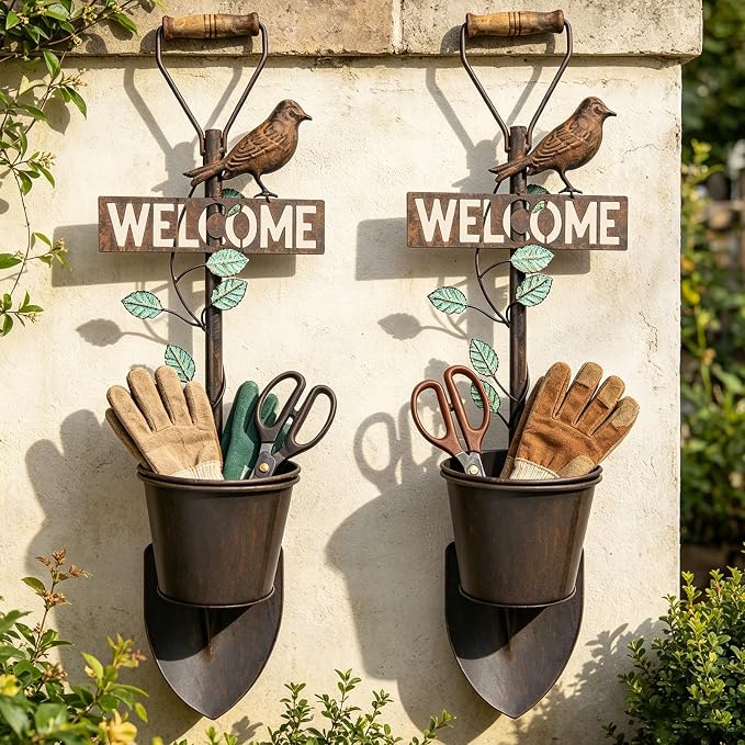 2Pcs Metal Wall Planter ,Vintage Wall Hanging Planter with Welcome Sign | wall decor; Rustic Farmhouse Wall Decor with Bird, Garden Wall Plant Holder for Porch Patio Entryway