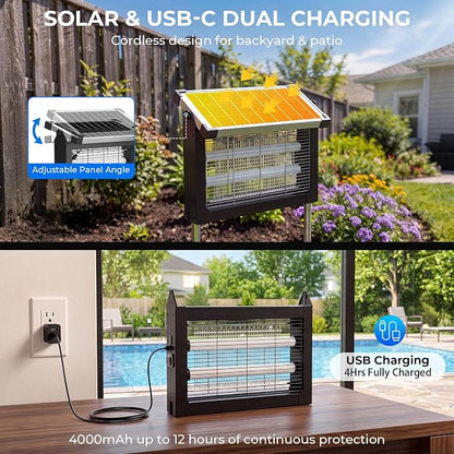 Solar Bug Zapper Outdoor, 4500V Waterproof Mosquito Zapper with 10W Solar Panel, Cordless Rechargeable Electric Fly Zapper, Mosquito Killer Lamp with Auto Sensor for Patio, Backyard, Garden, Camping