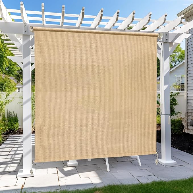 KANAGAWA Custom Size Sesame Outdoor Roller Shade Exterior Patio Cordless Roll Up Shade for Pergola, Deck Porch Gazebo, Backyard