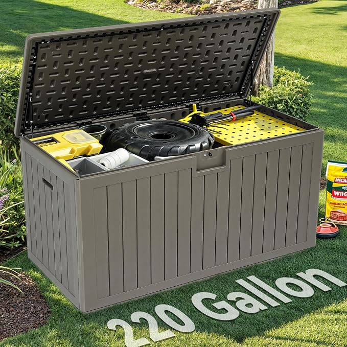 YITAHOME 220 Gallon Extra Large Deck Box | Double-Wall Resin Outdoor Storage Box with Flexible Divider for Patio Cushions Pool Supplies Garden Tools, 990 lbs Load