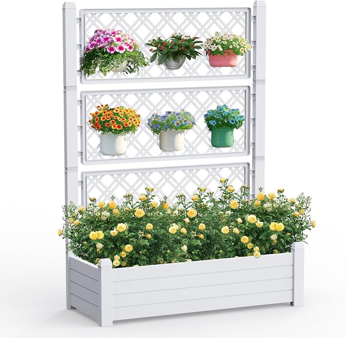 PatioZen Raised Garden Bed with Trellis for Climbing Plants, 43.43" L x 18.27" W x 59.29" H Planter Box with Self Watering Drainage Holes for Outdoor Backyard Patio Balcony, Anti-Rust Resin (Ashen)