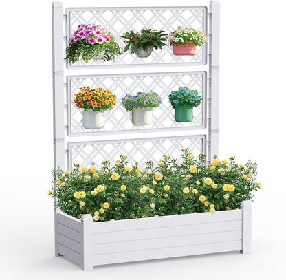 PatioZen Raised Garden Bed with Trellis for Climbing Plants, 43.43" L x 18.27" W x 59.29" H Planter Box with Self Watering Drainage Holes for Outdoor Backyard Patio Balcony, Anti-Rust Resin (Ashen)