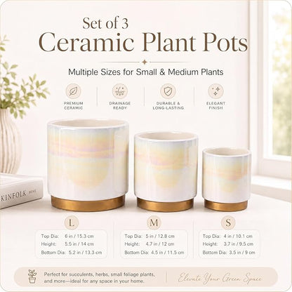 Gepege White Indoor Pots for Plants, Ceramic Planter with Drainage Hole, 6.0 inch+5.0 Inch+4.0 Inch. Succulent Orchid Flower Pot - Rainbow Pearl Glaze