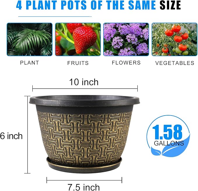 Nooulap 10 Inch 4 Pack Flower Pots for Outdoor, Plant Pots Outdoor with Drainage Holes and Trays, Retro Antique Imitation Plastic Garden Pots for Planter Indoor (Gold)