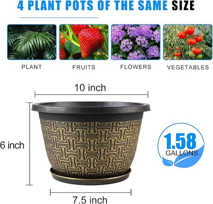 Nooulap 10 Inch 4 Pack Flower Pots for Outdoor, Plant Pots Outdoor with Drainage Holes and Trays, Retro Antique Imitation Plastic Garden Pots for Planter Indoor (Gold)