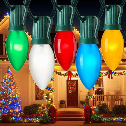 Minetom Multicolor C9 Christmas Lights, Waterproof C9 100FT String Lights | Vintage Outdoor Lights for Christmas Tree Patio Backyard Porch Roofline Outdoor Indoor Party Holiday Xmas Decor, 100+2 Bulbs