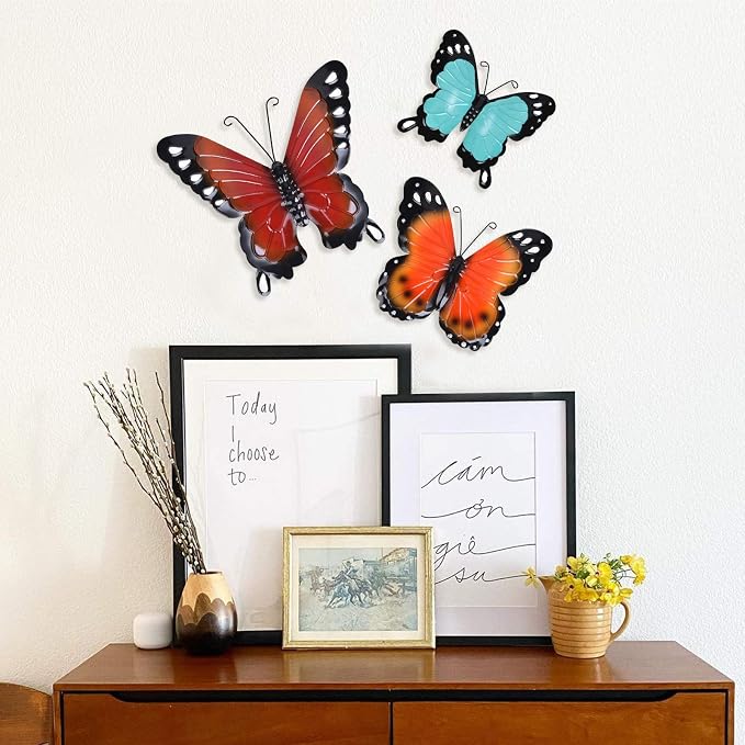 EASICUTI Metal Butterfly Wall Decor Butterfly Wall Art Hanging Sculpture for Indoor Outdoor Home Bathroom Living Room Bedroom Or Porch Patio Fence Orange Red Blue Set of 3