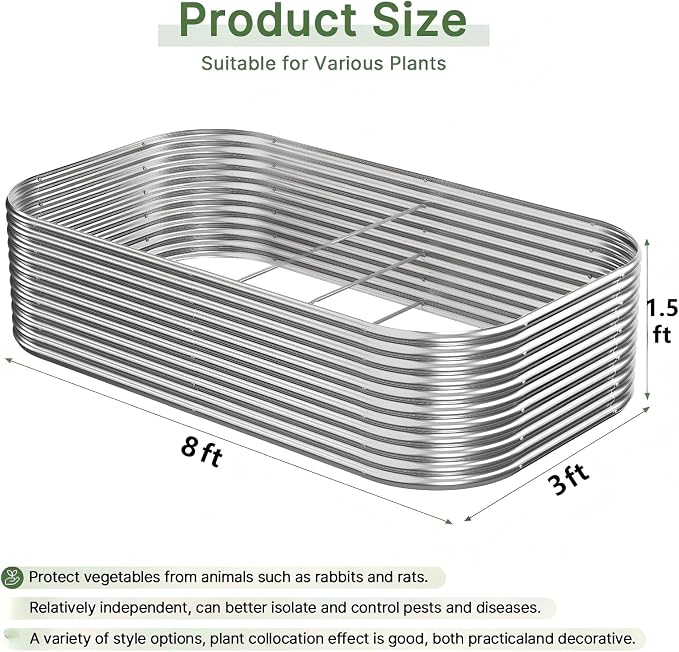 2 Pack Tall 8ft Galvanized Raised Garden Bed Outdoor, Metal Garden Bed for Vegetables, Above Ground Garden Box for Flower, Steel Raised Beds for Gardening - 8x3ft