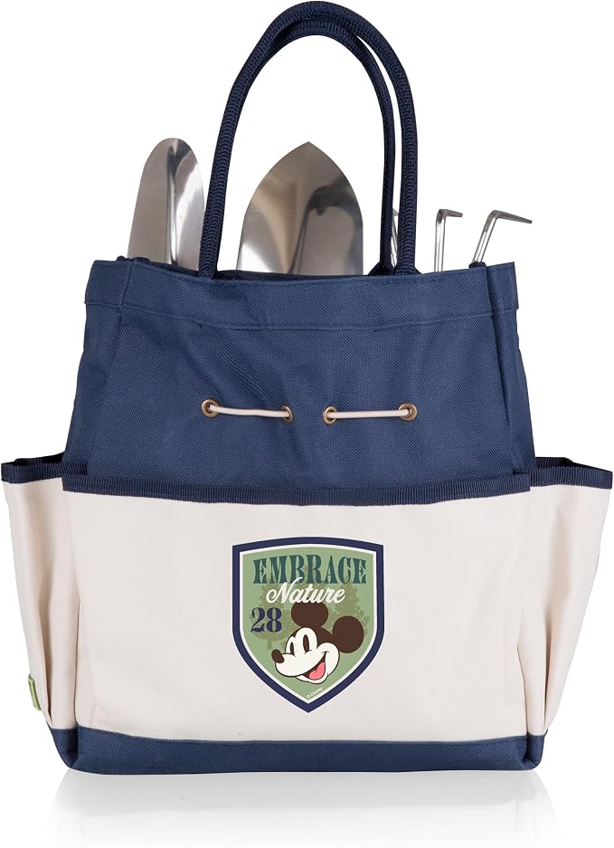 Picnic TIME Disney Mickey Mouse Garden Tote with Tool Set, Durable Garden Tool Organizer Bag with 3 Hand Tools and Exterior Pockets, Giftable Gardening Essential, (Navy Blue with Beige Accents)