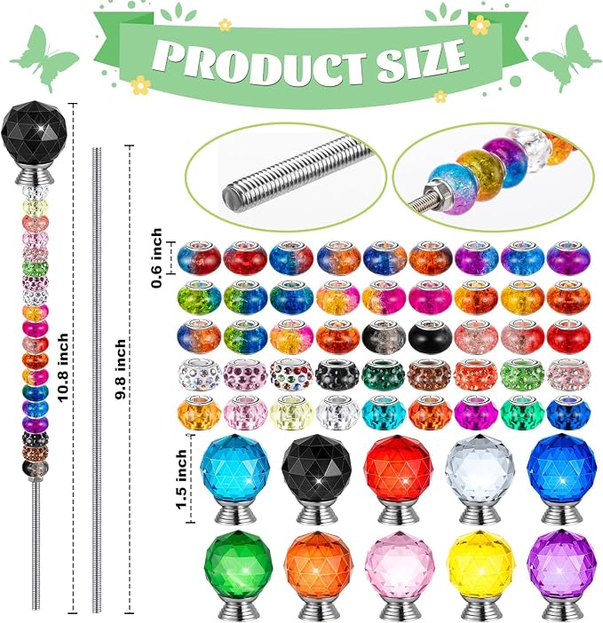 230 Pcs Beaded Garden Stakes DIY Fairy Wand Kit | 200 Colorful Assortment Round Large Hole Beads, 10 Round Stopper Top, 10 Threaded Rod & 10 Nuts, Outdoor Decoration