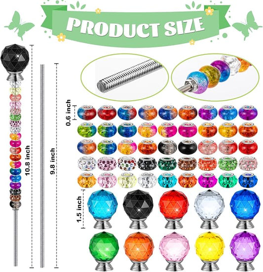 230 Pcs Beaded Garden Stakes DIY Fairy Wand Kit | 200 Colorful Assortment Round Large Hole Beads, 10 Round Stopper Top, 10 Threaded Rod & 10 Nuts, Outdoor Decoration