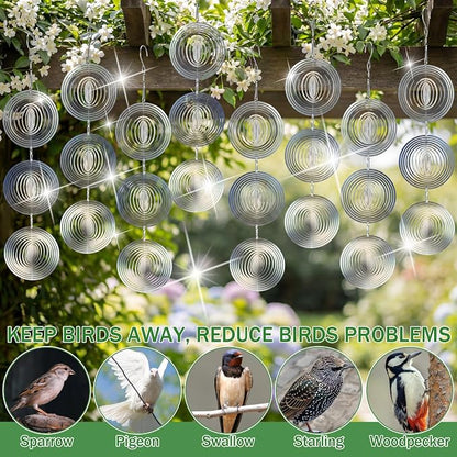24 pcs Stainless Steel Bird Deterrents for Outside 3D Wind Spinners Outdoor Decor Reflective Bird Scare Discs Devices Deterrents Shiny Metal Reflectors Decor to Keep Woodpeckers Away (Round)