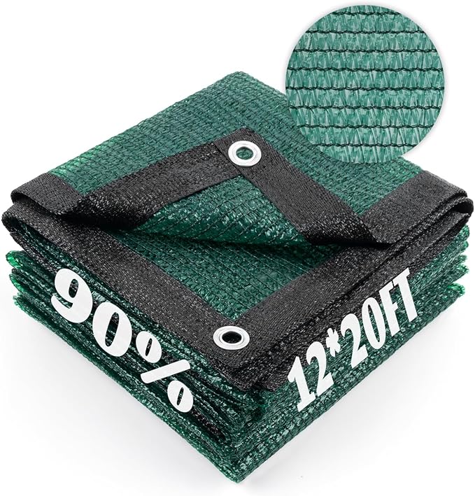 Cool Area 90% Sun Shade Cloth Mesh Tarp with Grommets for Plant Cover 12x20ft Patio Canopy Garden Pergola Greenhouse Car Barn Kennel Dark Green