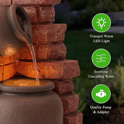 3-Tier Outdoor Water Fountain with LED Light, Garden Fountain Cascading Waterfall Fountain, Floor-Standing Water Feature for Patios, Porch, Backyards