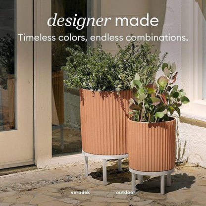 Veradek Demi Series Round Planter w/Stand for Porch/Patio | Durable Plastic-Stone Composite & Wooden Stand | Modern Décor for Tall Plants, Flowers