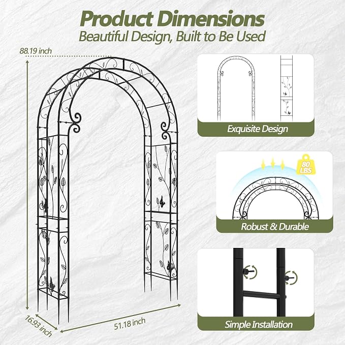 Garden Arch – 51"(L) x 88"(H) Metal Arbor, Thickened Rust-Proof Steel Pipe, Garden Gate Arch for Backyard Entry, Trellis for Climbing Plants Outdoor, Walkway Arbor for Yard, Patio, Courtyard