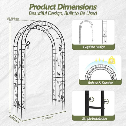 Garden Arch – 51"(L) x 88"(H) Metal Arbor, Thickened Rust-Proof Steel Pipe, Garden Gate Arch for Backyard Entry, Trellis for Climbing Plants Outdoor, Walkway Arbor for Yard, Patio, Courtyard