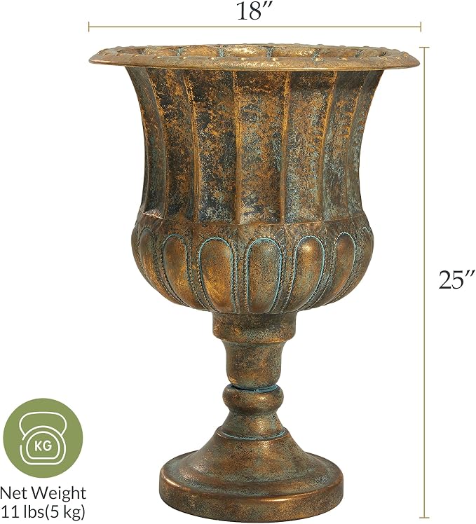 Worth Garden 24.5" H. Metal Urn Planters 2-Pack - Bronze Classic Antique Iron Plant Pots - Large Decorative Rustic Flower Pots for Outdoor Use - Traditional Urn Planter for Patio, Front Porch