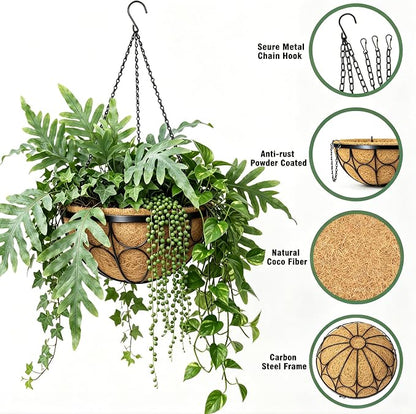 4 Pack 14 Inch Hanging Planters for Outdoor Plants，Large Wire Flower Hanging Basket with Coco Liners for Balconies, Patios, Porch, Terraces Decor