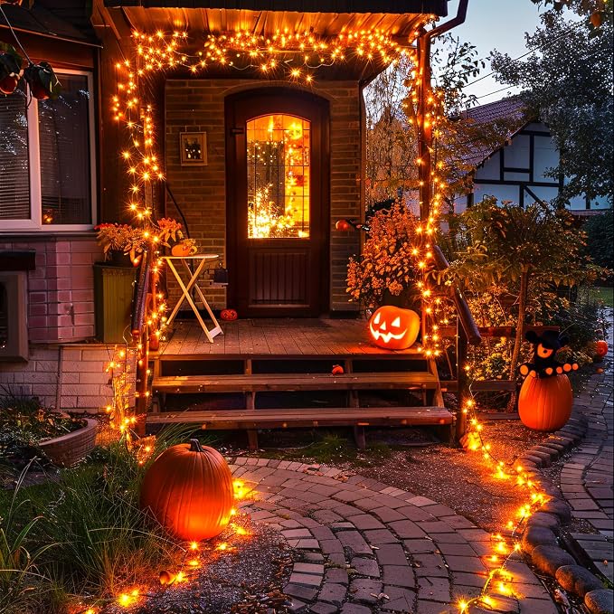 JMEXSUSS 2 Pack Solar Halloween Lights, Total 200 LED 66 FT, Orange | Halloween Lights Outdoor Waterproof, 8 Modes Solar String Lights for Outside Patio Christmas Tree Yard Halloween Decor