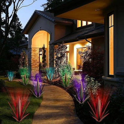 KODIBO Large Tequila Rustic Sculpture, Rustic Metal Agave Plants for Outdoor Patio Yard, Home Decor Hand Painted Metal Agave Garden Yard Statue, Outdoor Lawn Ornaments (Red - L (W/Solar Light))