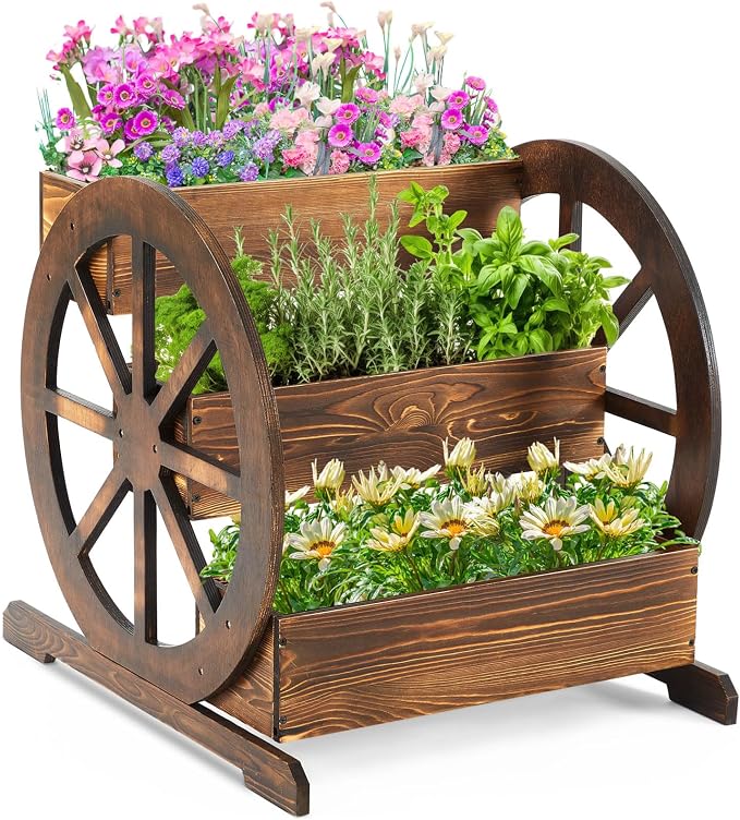Beeveer 3 Tier Wooden Wagon Planter Box 24" x 24.5" x 22.5" Garden Planter for Outside Wood Planter Box with Drainage Holes Decorative Planters for Patio Garden Balcony Vegetables Flowers Herbs