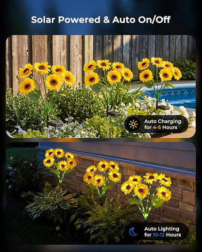 Brightown 3 Pack Solar Sunflowers Garden Decor,18 Solar Powered Sunflowers for Outside with Glowing Stems, Waterproof Solar Flowers Outdoor, Auto On Off Decorative Stakes Light for Yard, Patio, Lawn | 18 glowing stem sunflowers, waterproof solar powere...