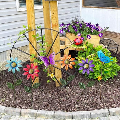 6Pack Metal Flowers for Outside，16.15 Inch Metal Flowers&Colorful Butterfly Decorative Garden Stakes for Spring Decor, Shaking Head Yard Art Garden Decorations for Outdoor Lawn Porch Pathway
