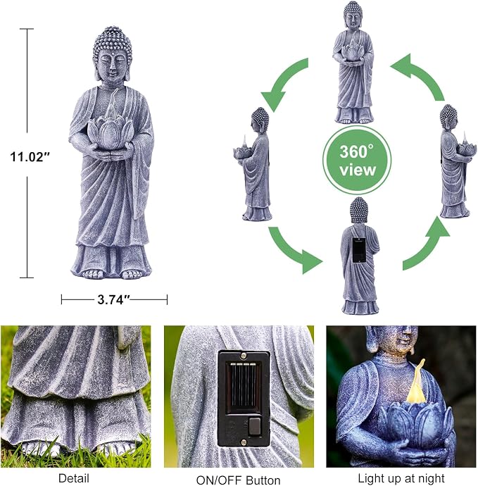 Solar Buddha Statue Outdoor - 11 Inch Tall Solar Outdoor Yard Zen Garden Decor - Ideal Gifts for Housewarming