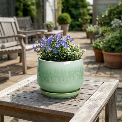 Ceramic Pots for Plants - 7 Inch Planters for Indoor Plants, Round Ceramic Plant Pot with Drainage Hole and Saucer, Decorative Planters, Rustic Home Decor, Plant Gifts for Women, Green
