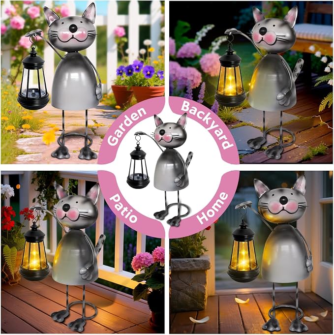 Garden Decor Cat Solar Statues,Unique Garden Statues Cat with Solar Lantern Waterproof, Birthday Gifts for Women Mom Grandma, Front Patio Balcony Yard Art Lawn Ornaments Porch Outdoor Decoration