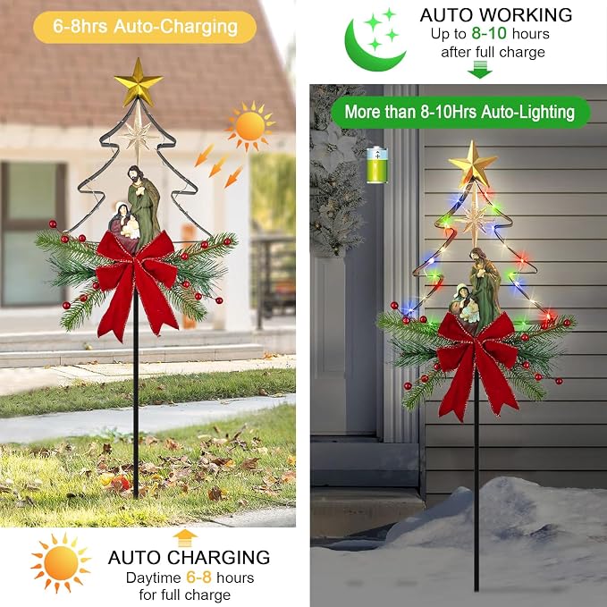 Solar Powered Nativity Scene Christmas Tree Stake Outdoor Christmas Decorations with Fairy Lights Garden Decor for Outside