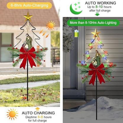 Solar Powered Nativity Scene Christmas Tree Stake Outdoor Christmas Decorations with Fairy Lights Garden Decor for Outside