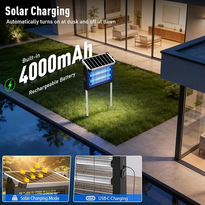 Solar Bug Zapper Outdoor Waterproof, 4500V Cordless Mosquito Zapper | USB-C rechargeable, solar powered with auto light sensor, hanging or stake use for patio, garden, backyard, camping, garage