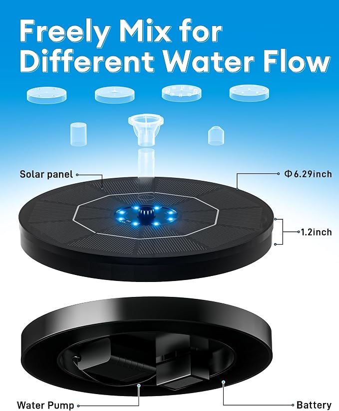 3.5W Solar Fountain,Upgraded 100% Glass Panel Solar Bird Bath Fountain with 2000mAh Battery,7 Color RGB LED Lights & 6 Nozzles,Solar Fountain for Bird Bath,Garden, Pond, Pool, Outdoor Decor(Black)
