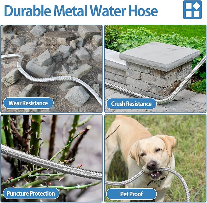 SPECILITE 75 FT Garden Hose, 304 Stainless Steel Metal Heavy Duty Flexible Water Pipe, Kink Free, Durable, Lightweight for Yard, Outdoor with Rubber Grip
