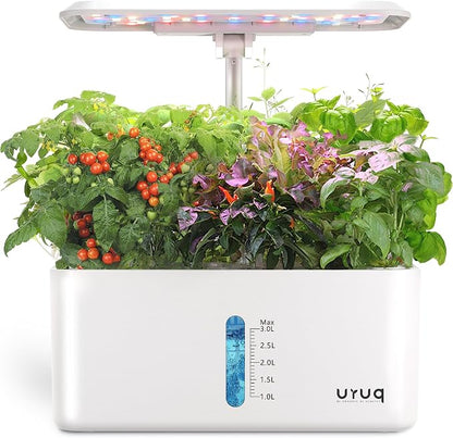 URUQ 8 Pods Hydroponics Growing System with LED Grow Light - White | Quiet Water Pump, Automatic Timer, Adjustable Height for Fresh Herbs, Vegetables, Indoor Gardening, Gifts for Plant Lovers