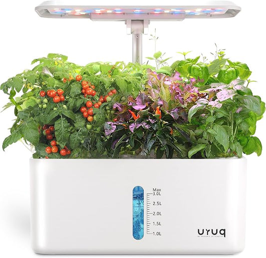 URUQ 8 Pods Hydroponics Growing System with LED Grow Light - White | Quiet Water Pump, Automatic Timer, Adjustable Height for Fresh Herbs, Vegetables, Indoor Gardening, Gifts for Plant Lovers