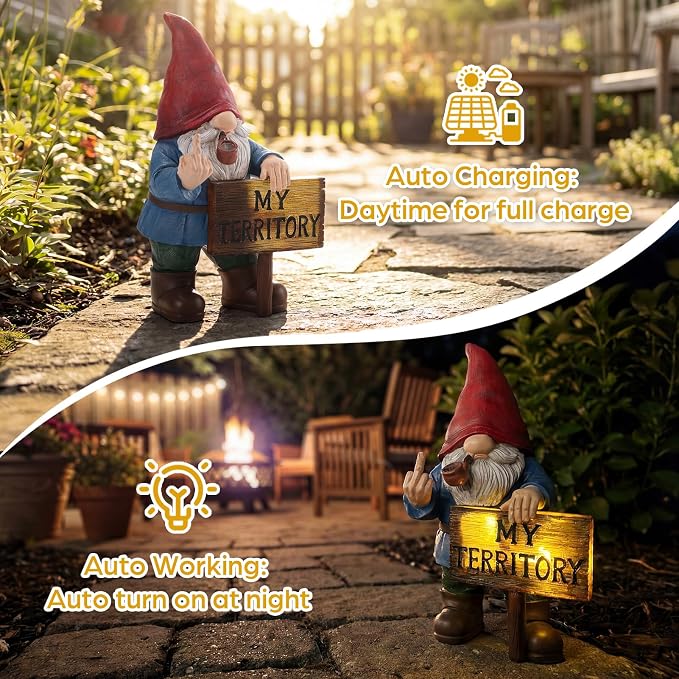 Lavezee Funny Garden Gnome, Middle Finger Gnomes Statue with Solar Lighted Sign – “My Territory” for Patio Backyard Porch Outdoor, Humorous Housewarming Gifts for Men Dad Husband