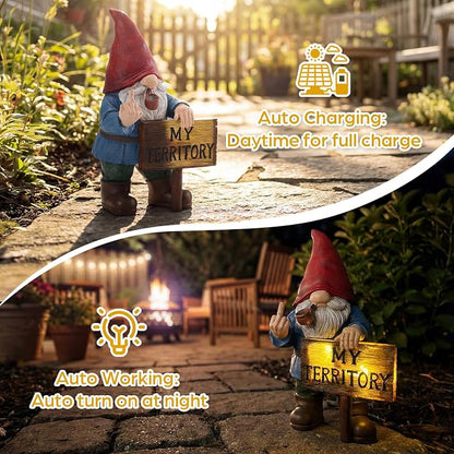 Lavezee Funny Garden Gnome, Middle Finger Gnomes Statue with Solar Lighted Sign – “My Territory” for Patio Backyard Porch Outdoor, Humorous Housewarming Gifts for Men Dad Husband